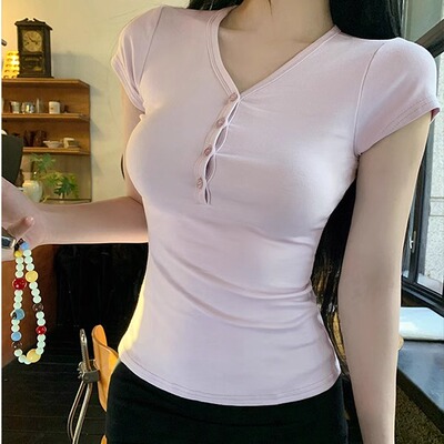 MosesQueen魔西女王美式复古V领排扣短袖T恤2025修身显瘦短款上衣