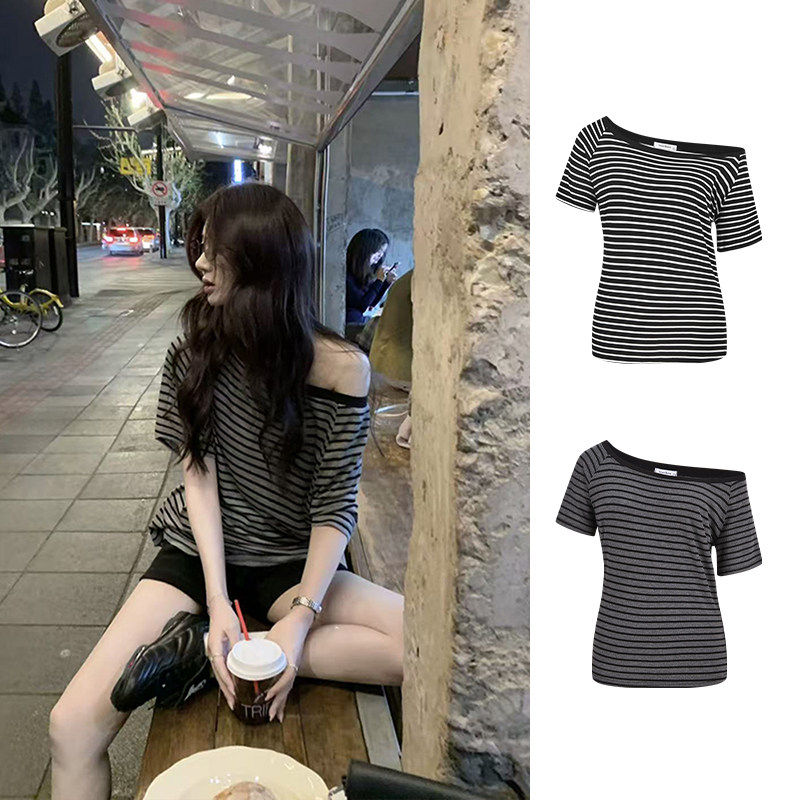 MosesQueen魔西女王莱赛尔条纹斜肩短袖t恤宽松显瘦百搭露肩上衣