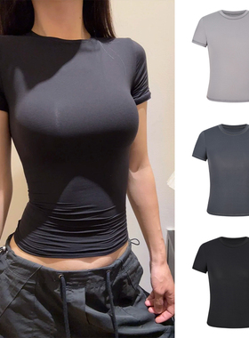 MosesQueen魔西女王黑色修身短袖2025新款美式正肩女t恤上衣女夏