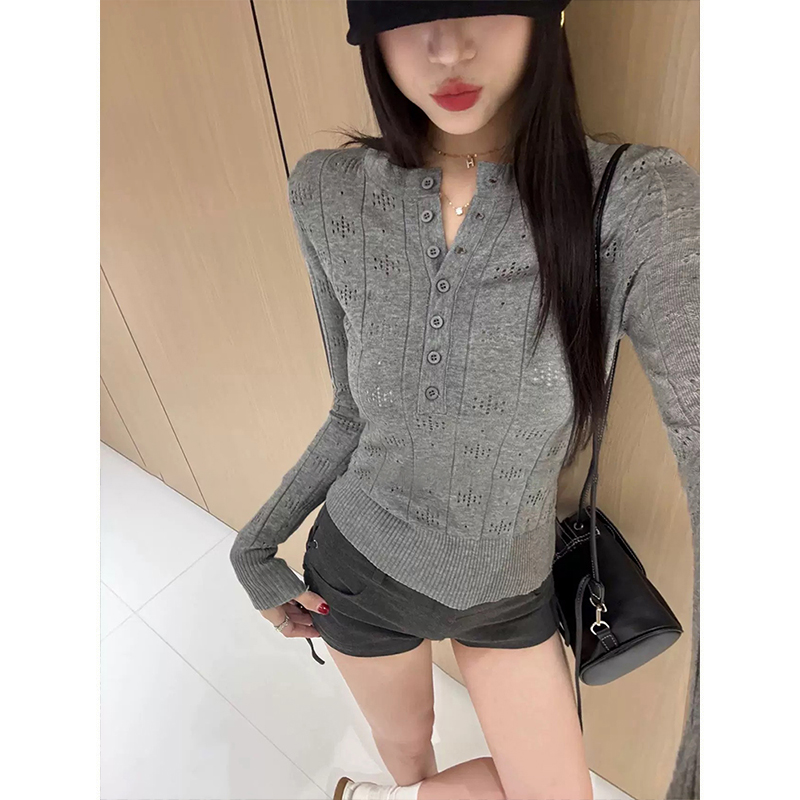 MosesQueen魔西女王半开领纯色针织镂空薄款长袖女洋气复古上衣