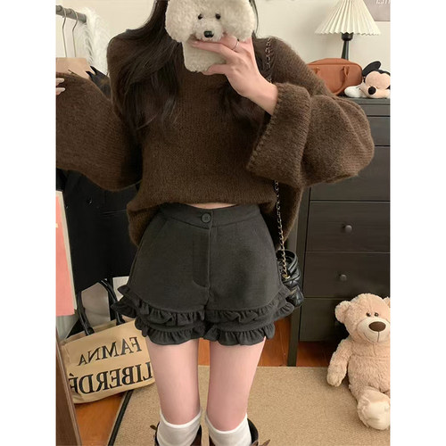 MosesQueen魔西女王荷叶边毛呢短裤女秋冬灰色热裤甜美高腰休闲裤