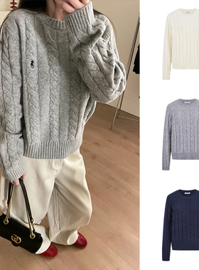 MosesQueen魔西女王老钱风刺绣圆领针织衫秋冬灰色宽松保暖毛衣女