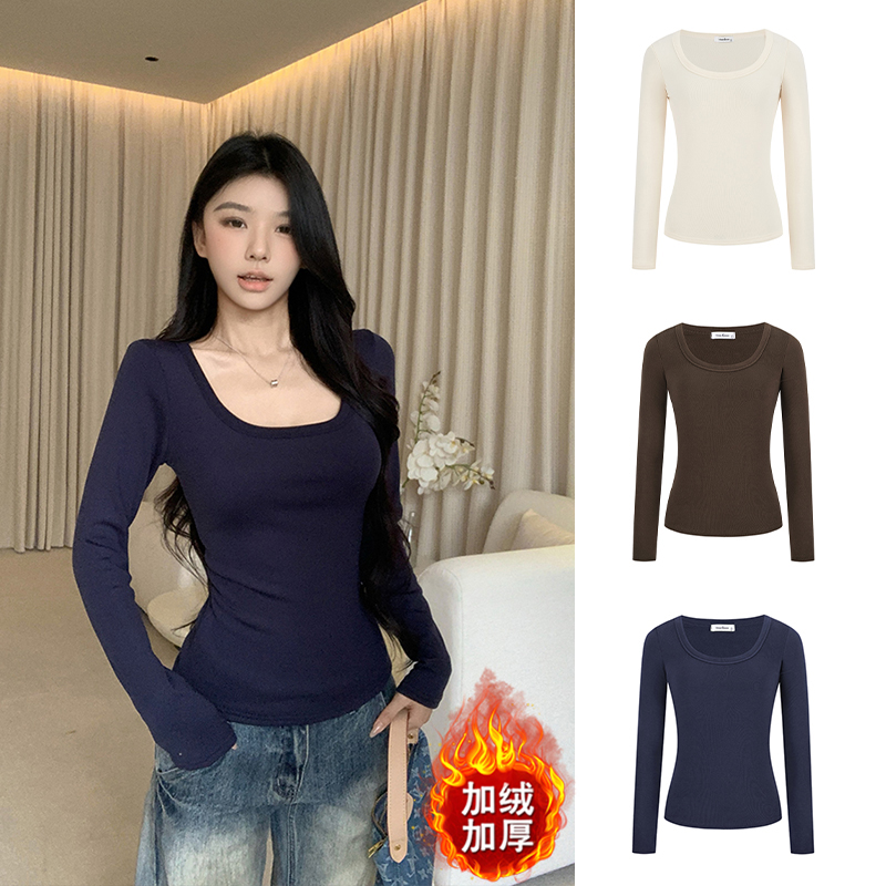 加绒方领正肩长袖打底衫内搭上衣