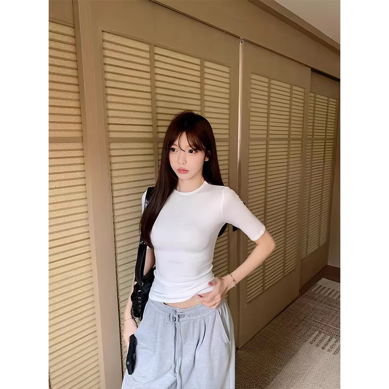MosesQueen魔西女王纯色中袖正肩T恤修身显瘦百搭高弹内搭上衣女