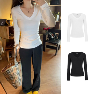 MosesQueen魔西女王白色正肩长袖t恤修身内搭打底掐腰显瘦上衣