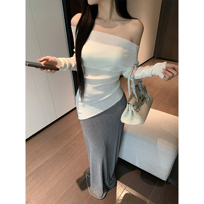 MosesQueen魔西女王高级感斜肩针织衫女一字肩长袖修身显瘦上衣