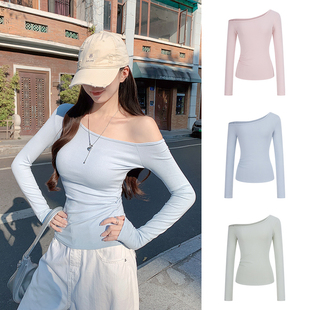 MosesQueen魔西女王粉色斜肩长袖T恤新款不对称露肩修身内搭上衣