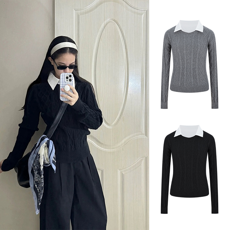 MosesQueen魔西女王韩系假两件衬衫领毛衣慵懒高级感针织衫上衣