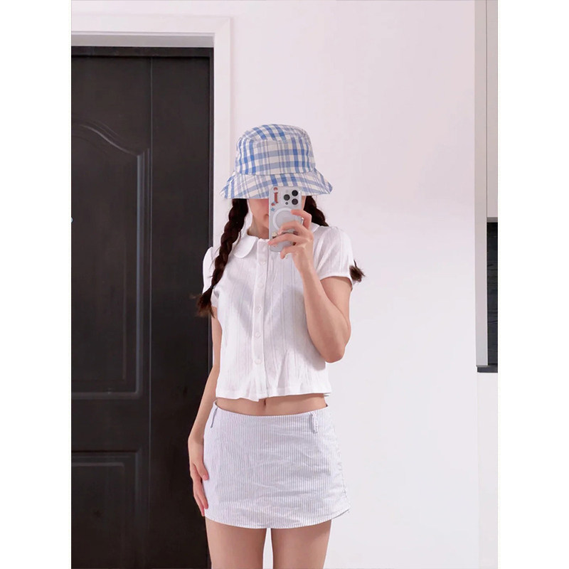 MosesQueen魔西女王米白色娃娃领短袖t恤少女感甜美正肩开衫上衣