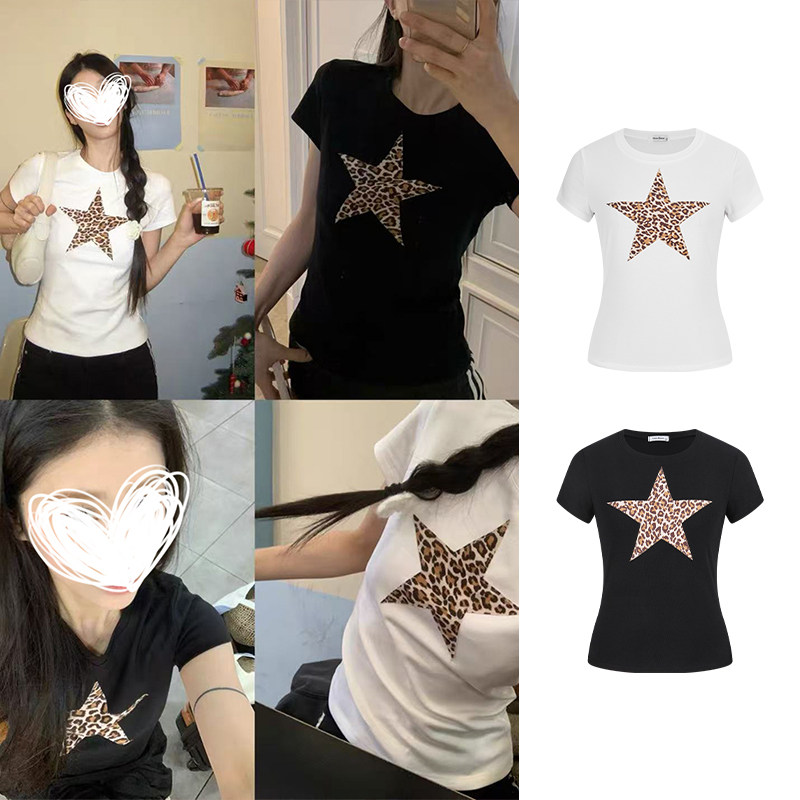 MosesQueen魔西女王豹纹星星印花短袖上衣正肩修身显瘦美式t恤女