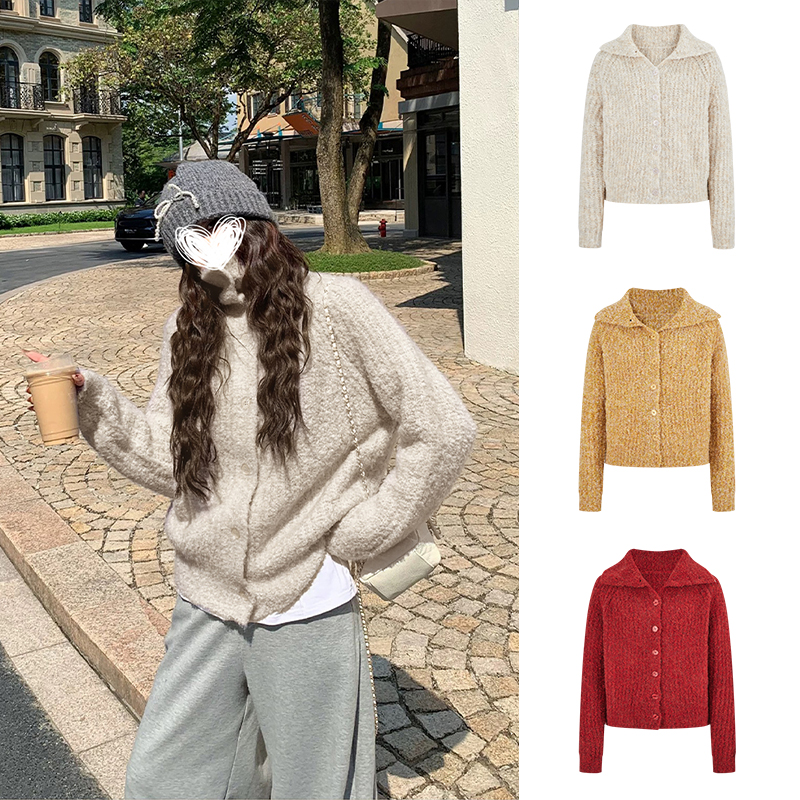 MosesQueen魔西女王高领杏色纽扣毛衣女秋冬加厚宽松显瘦针织开衫