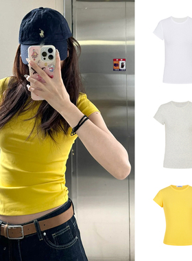 Mosesqueen魔西女王多巴胺穿搭正肩圆领T恤辣妹黄色修身显瘦短袖