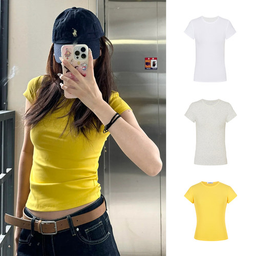 Mosesqueen魔西女王多巴胺穿搭正肩圆领T恤辣妹黄色修身显瘦短袖
