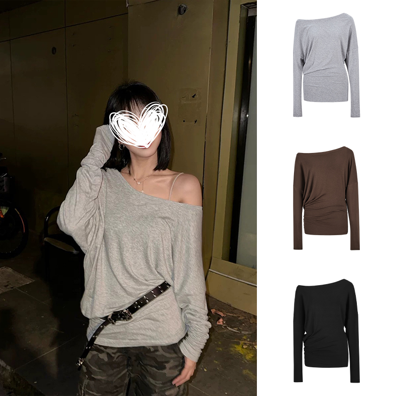 MosesQueen魔西女王美式复古纯色宽松露肩长袖T恤女春休闲上衣