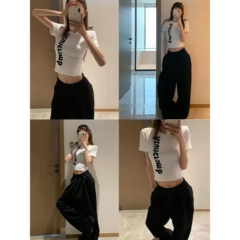 MosesQueen魔西女王白色字母印花正肩短袖t恤设计感修身短款上衣
