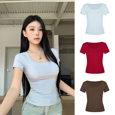 MosesQueen魔西女王夏季纯欲大U领正肩短袖T恤女修身基础款上衣