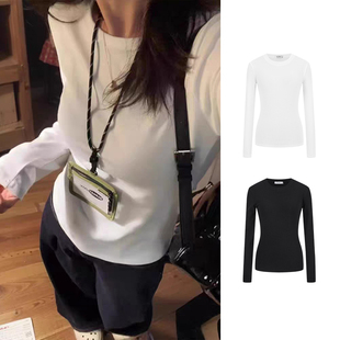 MosesQueen魔西女王白色正肩长袖t恤秋季新款修身打底衫显瘦上衣