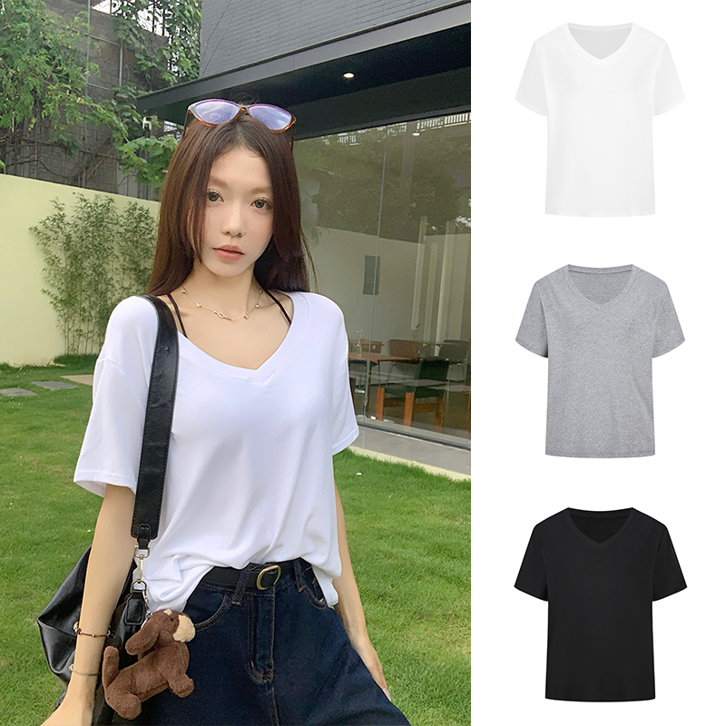 MosesQueen魔西女王时髦正肩宽松v领短袖t恤显瘦低领白色上衣夏
