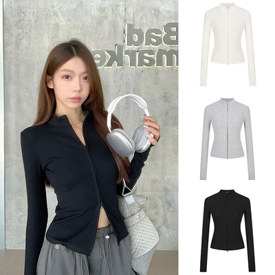 MosesQueen魔西女王纯色简约双拉链立领针织开衫女修身外穿上衣春