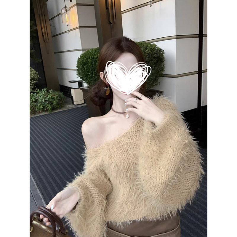 MosesQueen魔西女王慵懒风流苏毛针织衫秋冬斜肩宽松短款辣妹毛衣