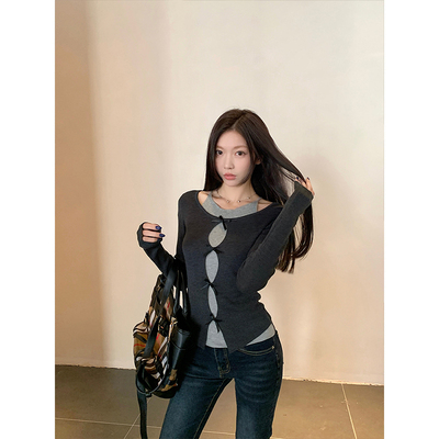 设计感蝴蝶结假两件长袖针织衫女