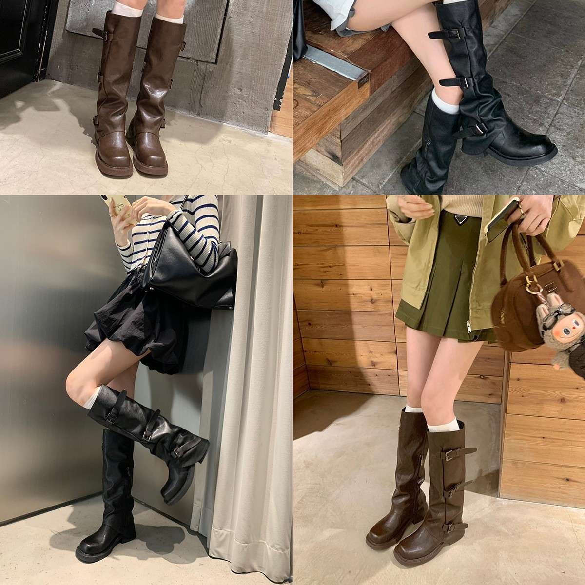 葡萄妈studiolee 增高6/8cm~时髦皮带扣方圆头褶皱中筒骑士靴女秋图片