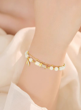 高级感轻奢复古国潮送女生闺蜜新年礼物竹节仿和田玉珠子双层手链