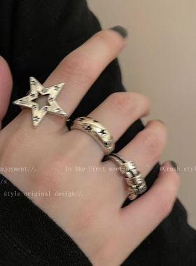 暗黑系~复古五角星开口戒指女小众设计嘻哈冷淡风食指戒情侣指环