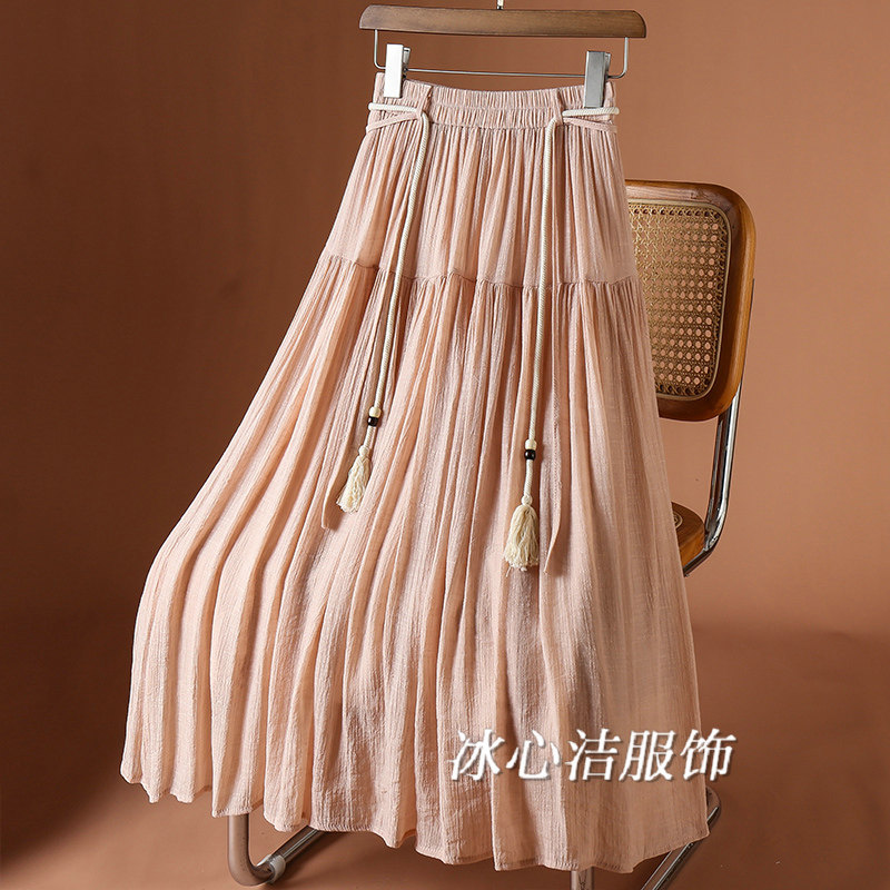 夏天薄款绑带中式国风棉麻半身裙女夏季新款半裙小个子裙子长裙