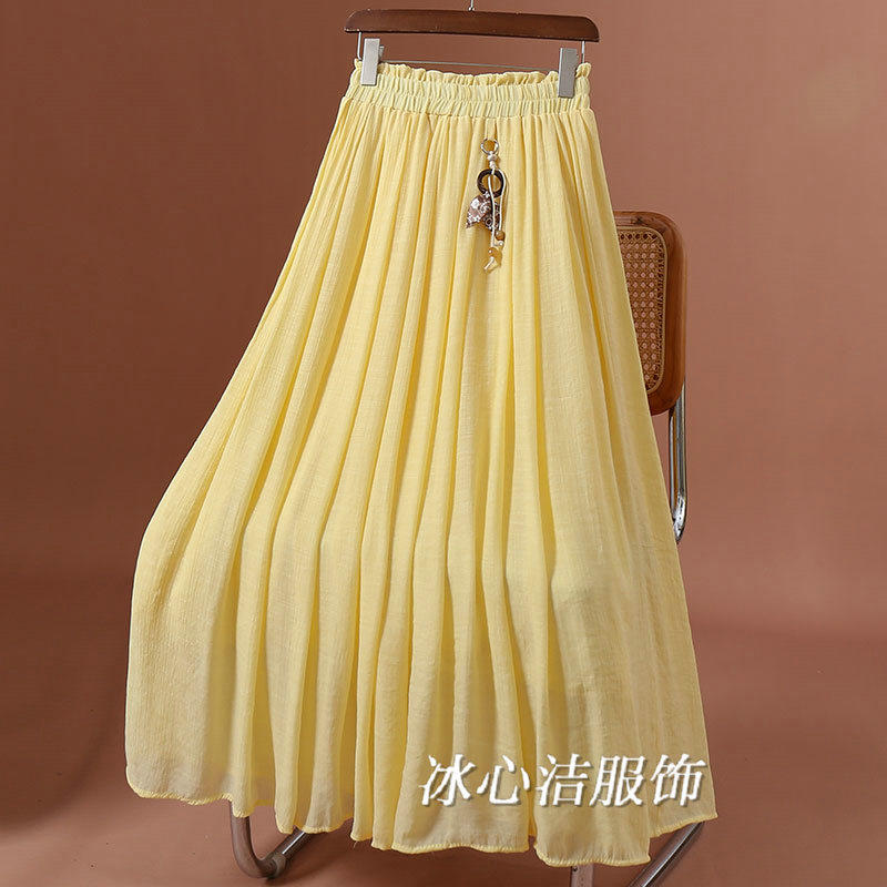 绝美好看长款黄色仿棉麻半身裙