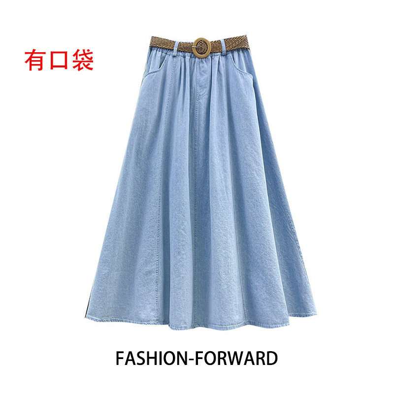 设计感编织带牛仔半身裙