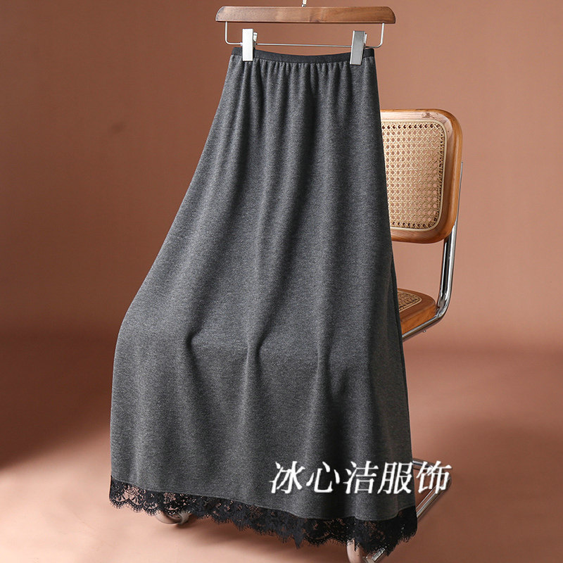 秋冬灰色蕾丝拼接毛呢A字裙半身裙女2025新款中长款黑色裙子长裙