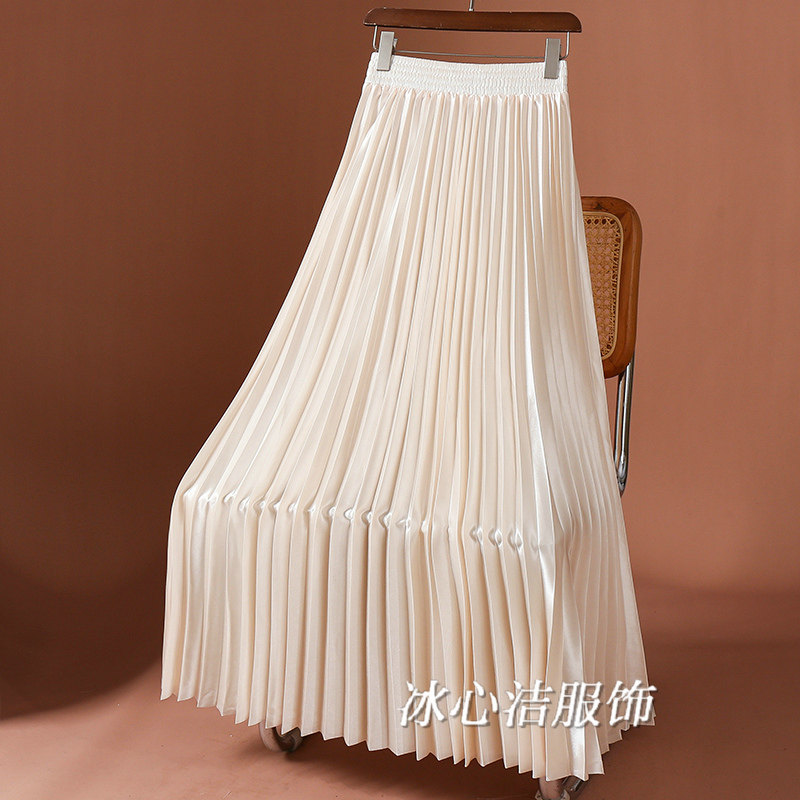 杏色光泽感垂感百褶半身裙女2026春季新款超长舞蹈裙子长裙半裙