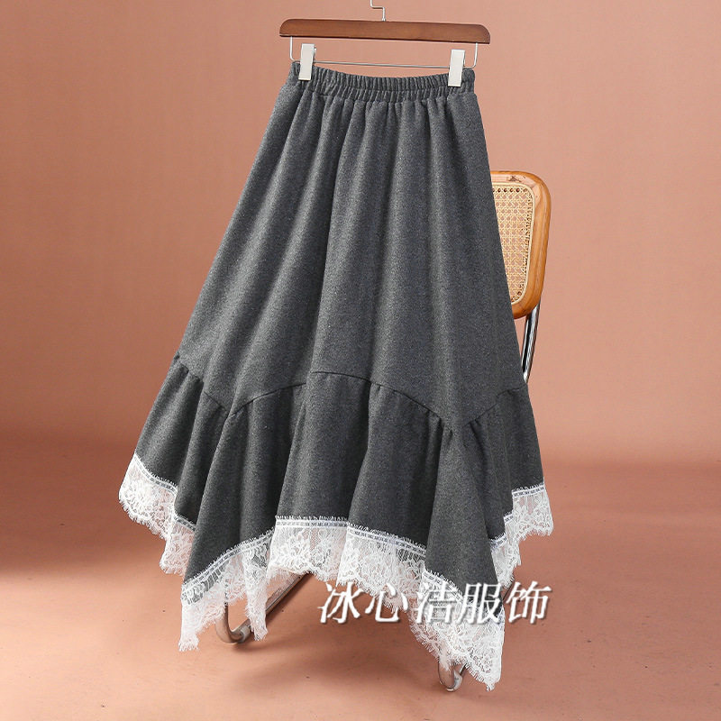 秋冬不规则蕾丝拼接毛呢半身裙女2025新款灰色a字裙长款裙子冬裙