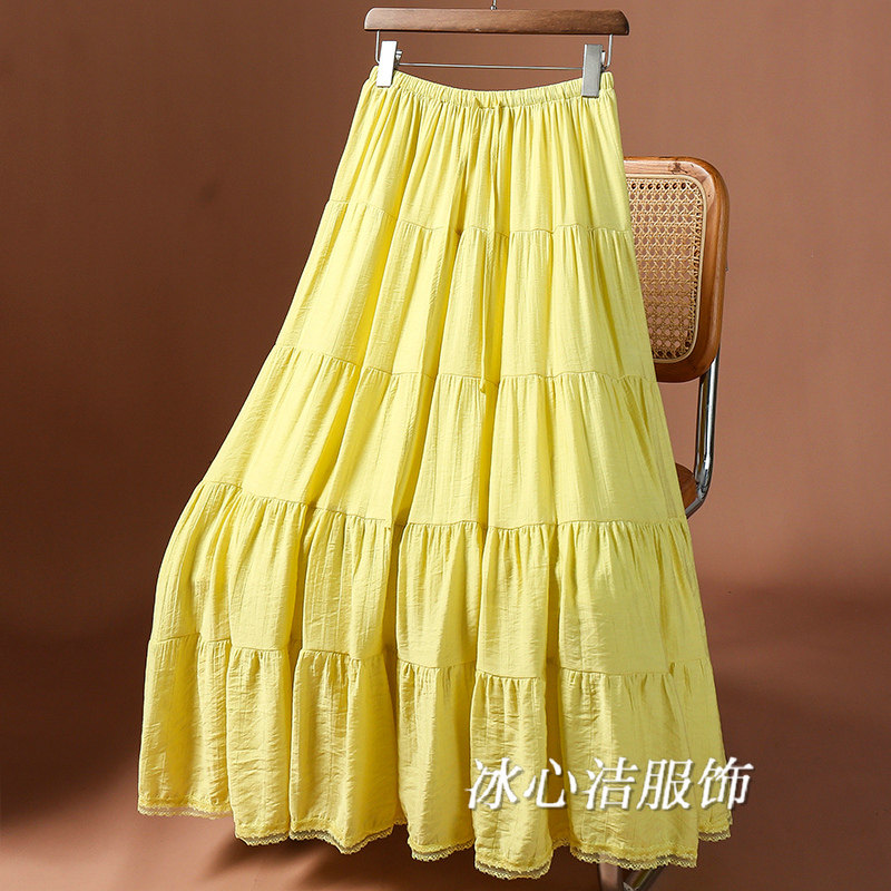 夏天黄色蕾丝花边拼接蛋糕半身裙女夏季2025新款垂感大摆A字长裙