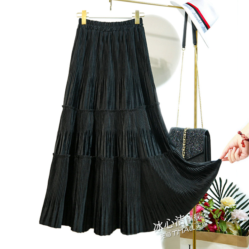 冬季黑色丝绒半裙灯芯绒半身裙秋冬女大摆裙中长款裙子百褶裙长裙