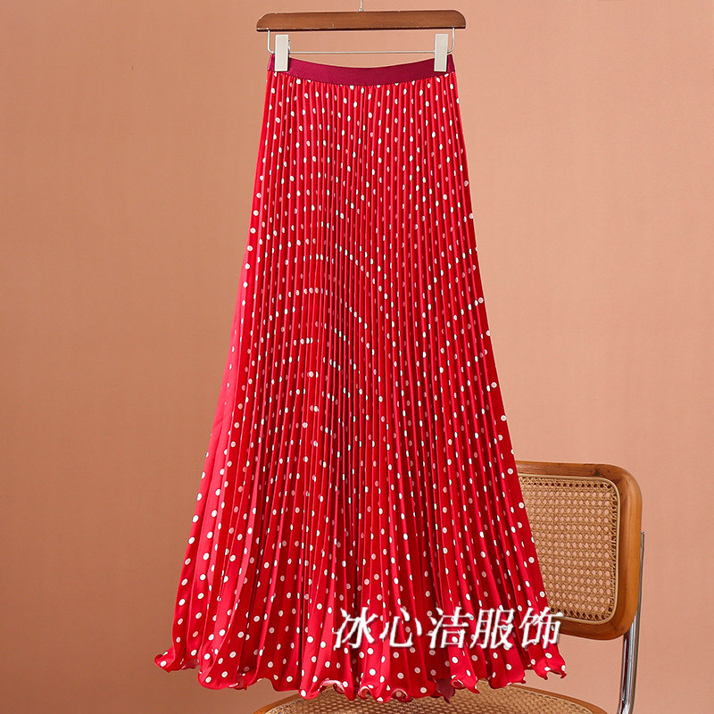 红色长款波点印花百褶裙半身裙女2025秋冬新款白色长裙百搭大裙摆