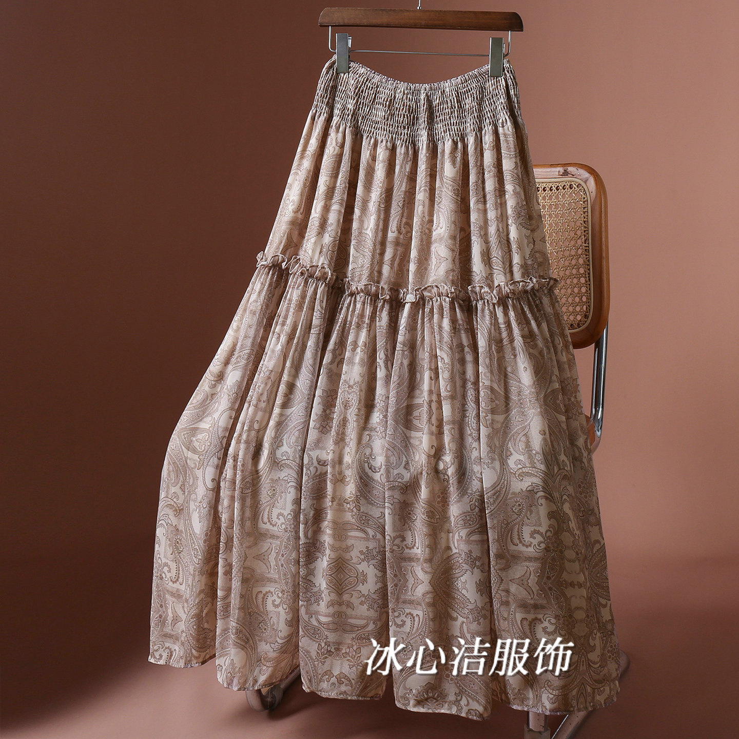 法式民族风印花雪纺半身裙女