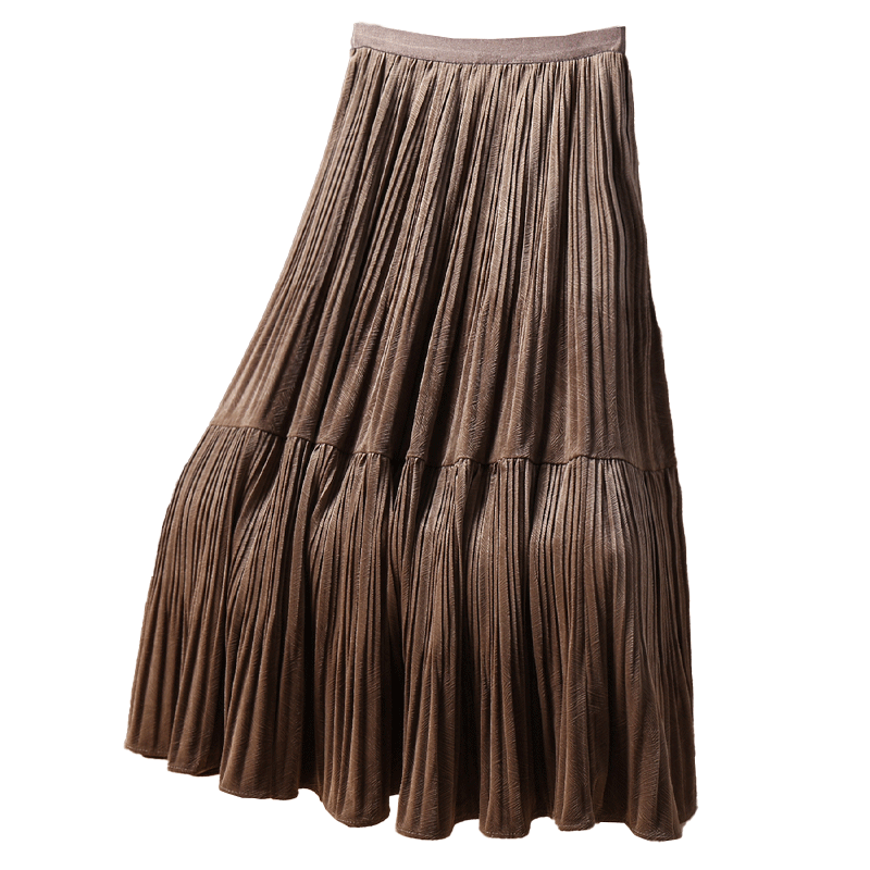 秋冬复古咖色丝绒百褶裙半身裙女秋冬2025新款金丝绒裙子半裙长裙