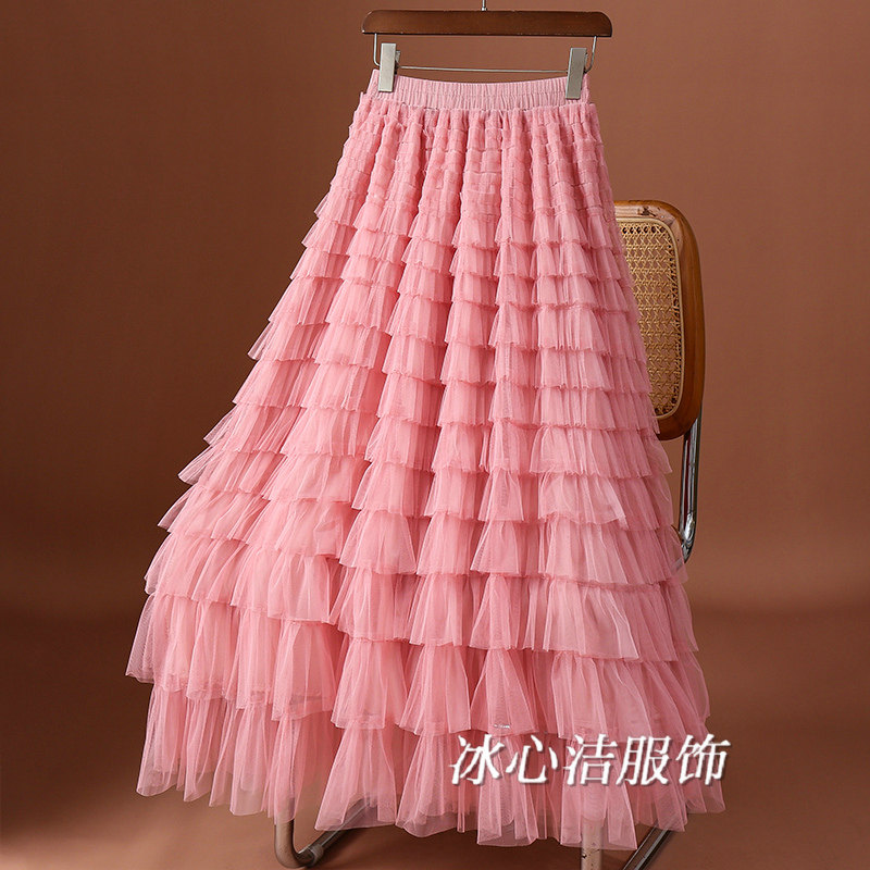 绝美好看樱花粉网纱裙蛋糕裙半身裙女2026春季新款超仙纱裙子长裙