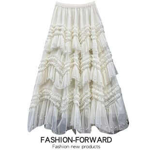 重工钉珠多层次木耳边网纱蛋糕半身裙女2026新款超仙大摆纱裙长裙