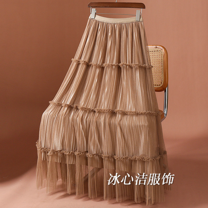 卡其色木耳边拼接网纱半身裙女2026早春新款绝美好看层层蛋糕长裙,女装/女士精品,半身裙,淘宝优惠券,粉丝福利购,淘宝优惠卷