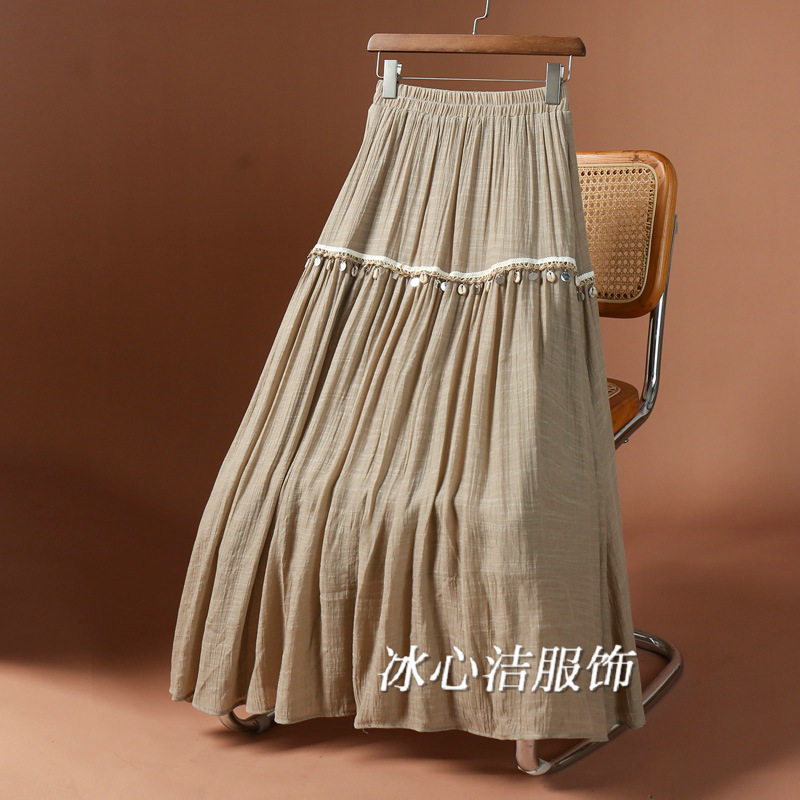 夏天薄款垂坠感仿棉麻半身裙女夏季2025新款中长款裙子a字裙大摆