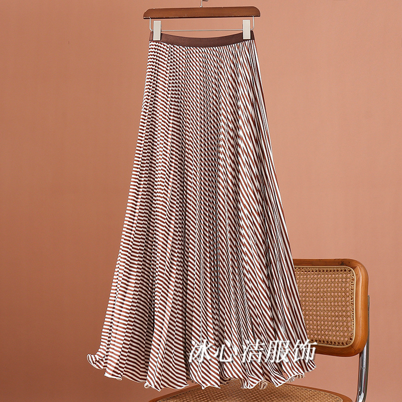 巨好看紫色条纹长款百褶半身裙女2025秋冬新款风琴褶大摆超长裙子