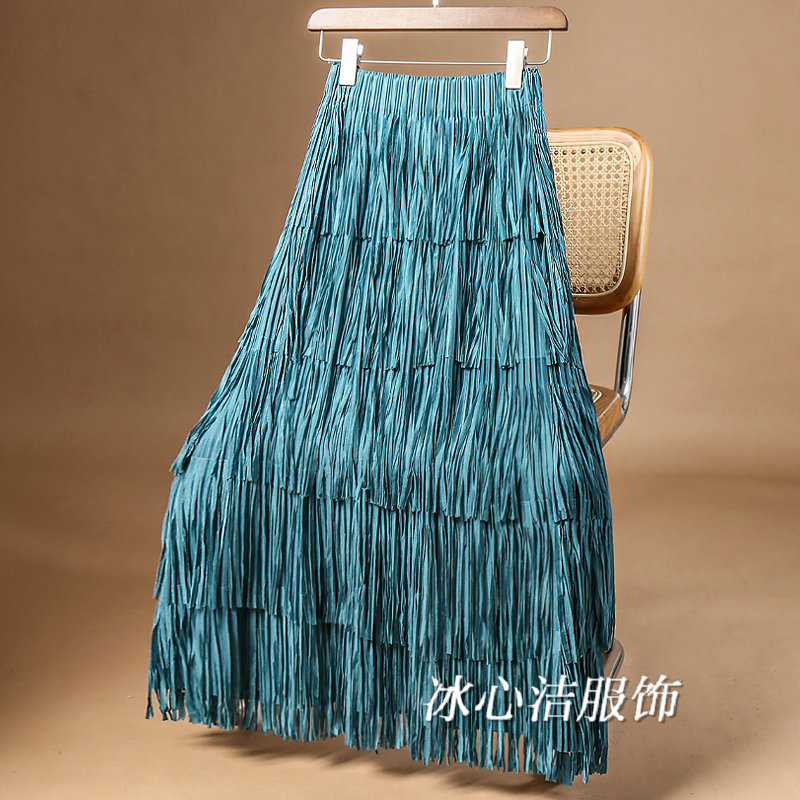 孔雀蓝层层流苏垂坠感蛋糕半身裙
