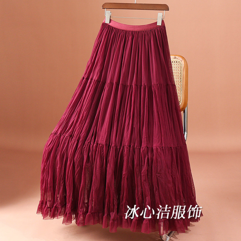 冬季高级红色网纱裙蛋糕裙半身裙秋冬女2025新款a字蓬蓬裙长裙子