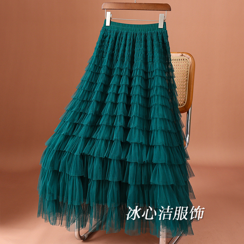 流行爆款墨绿色层层拼接网纱半身裙女秋冬2025新款长裙蛋糕裙纱裙