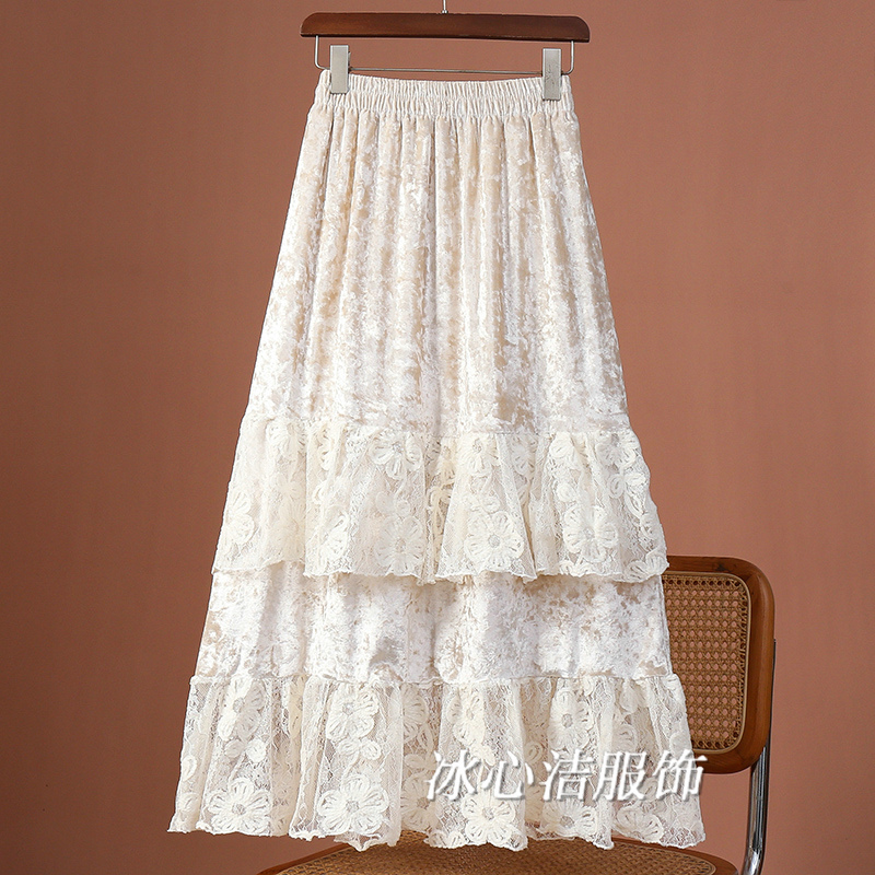 好看！荷叶边蕾丝丝绒蛋糕半身裙