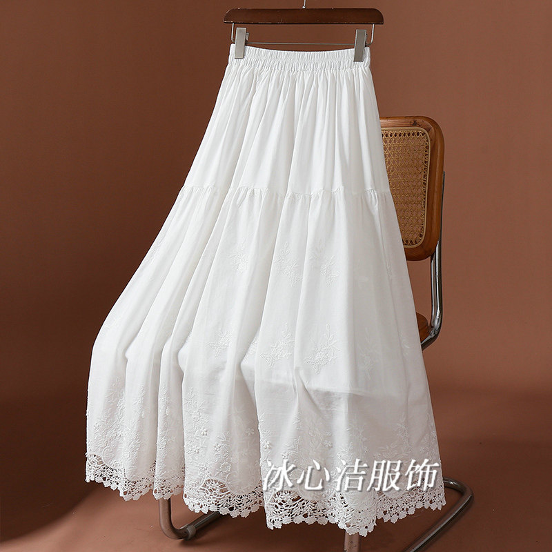 白色重工立体刺绣镂空花边半身裙女2026春季新款中长款a字裙伞裙