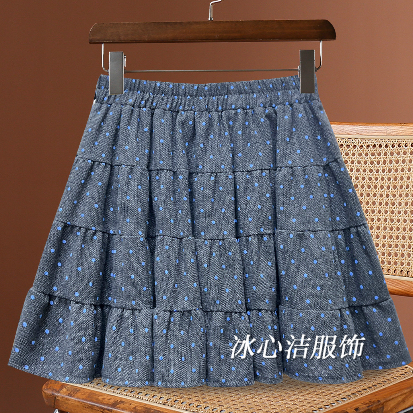 复古波点拼接短裙半身裙女